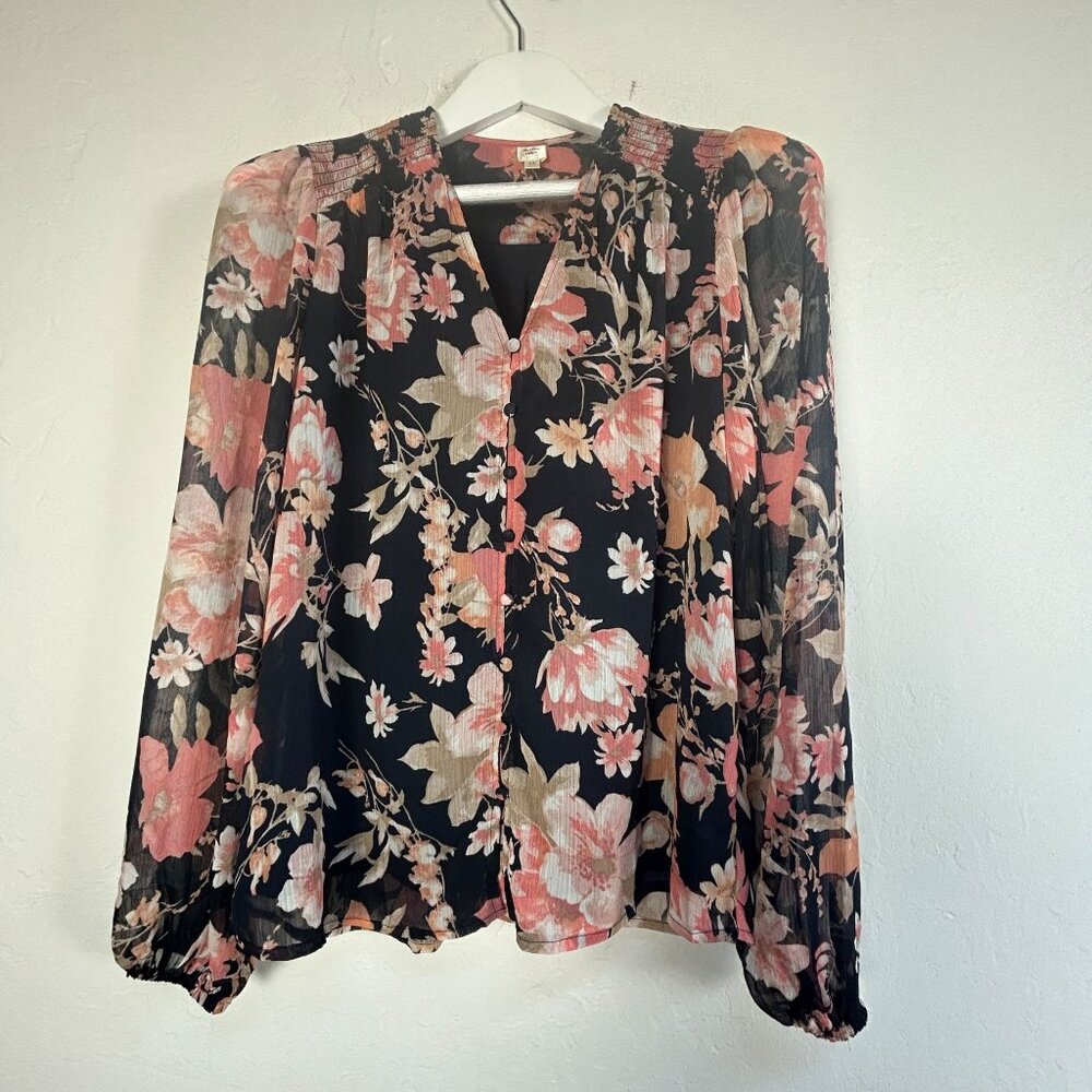 Autres Filles Women Floral Long-Sleeve Sheer Button Down Blouse Small Black Pink